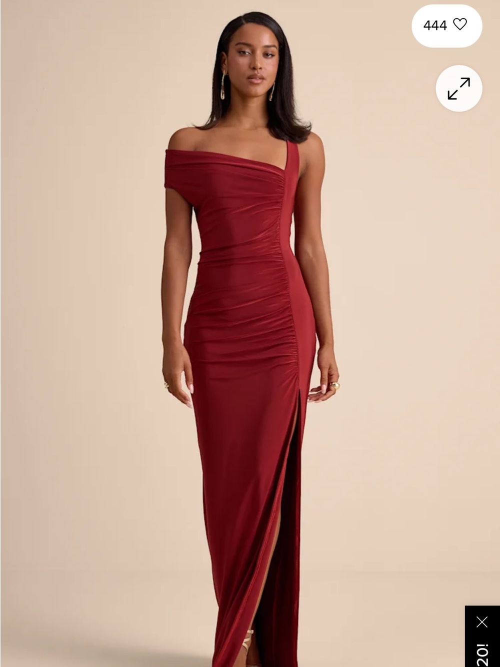 Lulu's One-Shoulder Ruched Gown in Burgundy